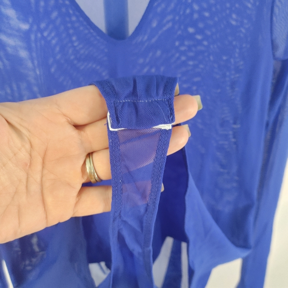 Iris Blue Sheer Mesh Bodysuit 1X Long Sleeve V Neck Stretch Y2K Clubwear Top - Picture 7 of 12
